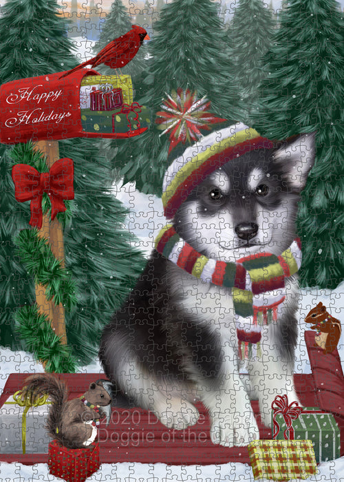 Christmas Woodland Sled Alaskan Malamute Dog Portrait Jigsaw Puzzle for Adults Animal Interlocking Puzzle Game Unique Gift for Dog Lover's with Metal Tin Box PZL833