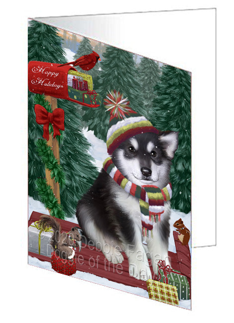 Christmas Woodland Sled Alaskan Malamute Dog Handmade Artwork Assorted Pets Greeting Cards and Note Cards with Envelopes for All Occasions and Holiday Seasons