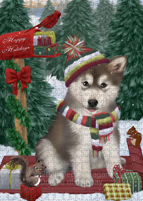 Christmas Woodland Sled Alaskan Malamute Dog Portrait Jigsaw Puzzle for Adults Animal Interlocking Puzzle Game Unique Gift for Dog Lover's with Metal Tin Box PZL834
