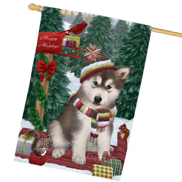 Christmas Woodland Sled Alaskan Malamute Dog House Flag Outdoor Decorative Double Sided Pet Portrait Weather Resistant Premium Quality Animal Printed Home Decorative Flags 100% Polyester FLG69511