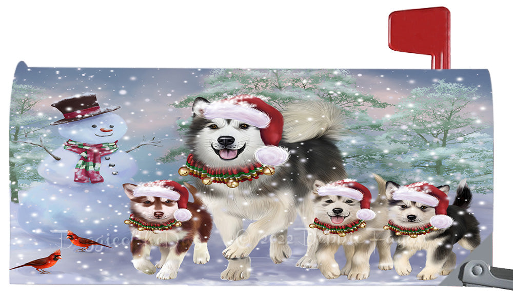 Christmas Running Family Alaskan Malamute Dogs Magnetic Mailbox Cover Both Sides Pet Theme Printed Decorative Letter Box Wrap Case Postbox Thick Magnetic Vinyl Material