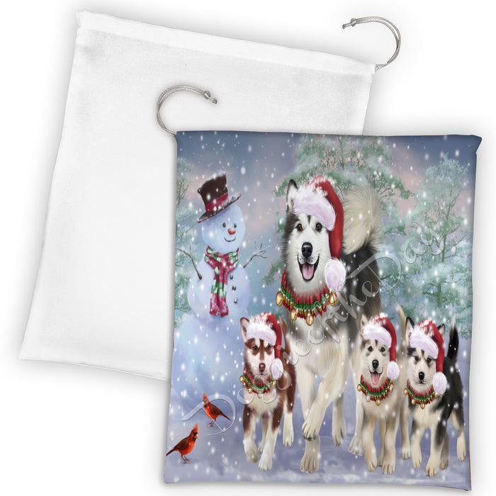 Christmas Running Fammily Alaskan Malamute Dogs Drawstring Laundry or Gift Bag LGB48196