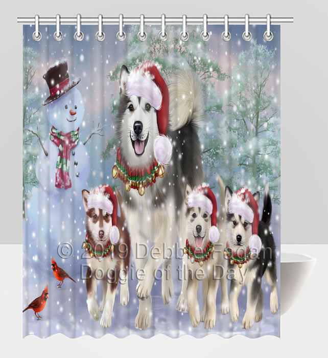 Christmas Running Fammily Alaskan Malamute Dogs Shower Curtain