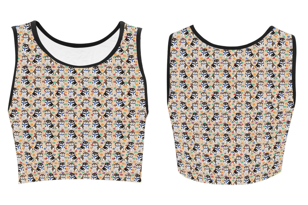 Rainbow Paw Print Alaskan Malamute Dogs Blue Women's Crop Top