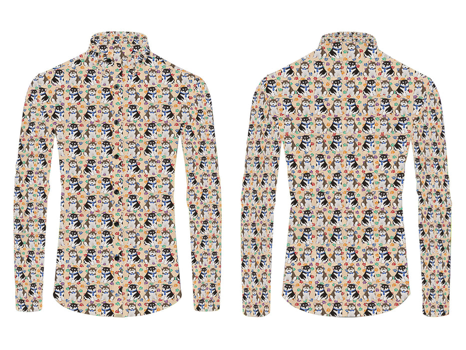 Rainbow Paw Print Alaskan Malamute Dogs Blue All Over Print Casual Dress Men's Shirt