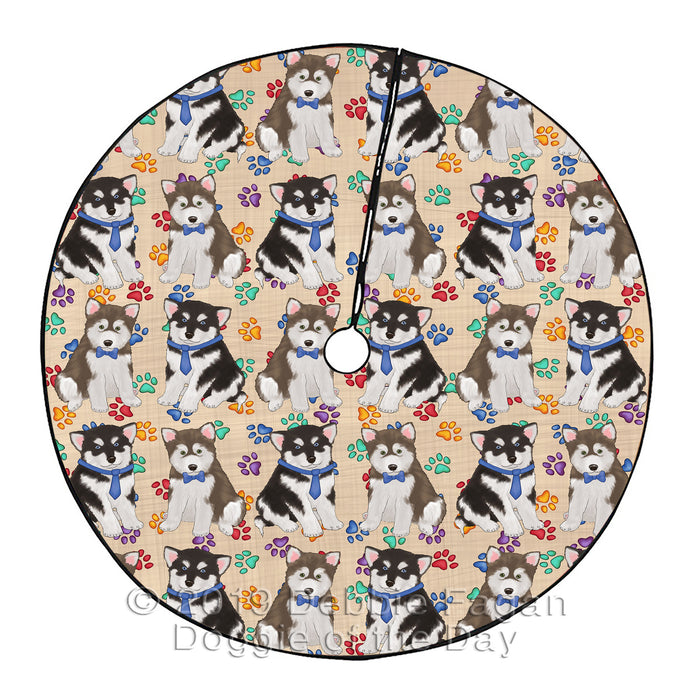 Rainbow Paw Print Alaskan Malamute Dogs Blue Christmas Tree Skirt