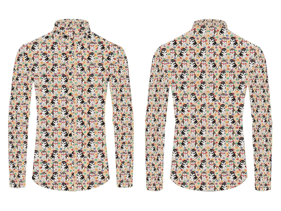 Rainbow Paw Print Alaskan Malamute Dogs Red All Over Print Casual Dress Men's Shirt