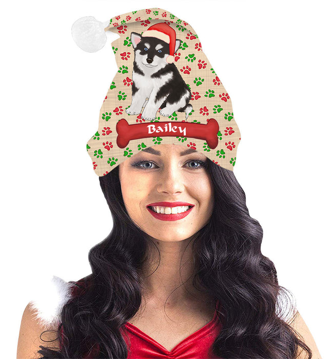 Pet Name Personalized Christmas Paw Print Alaskan Malamute Dogs Santa Hat
