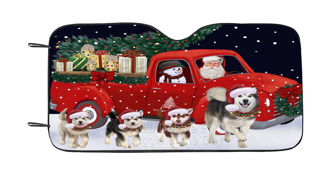 Christmas Express Delivery Red Truck Running Alaskan Malamute Dog Car Sun Shade Cover Curtain
