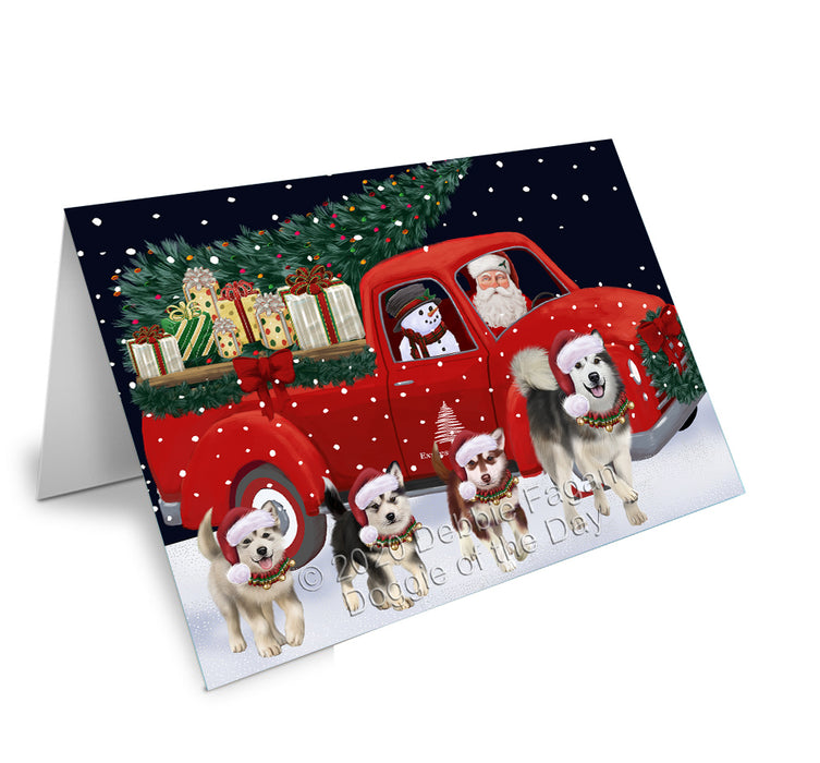 Christmas Express Delivery Red Truck Running Alaskan Malamute Dogs Handmade Artwork Assorted Pets Greeting Cards and Note Cards with Envelopes for All Occasions and Holiday Seasons GCD75041
