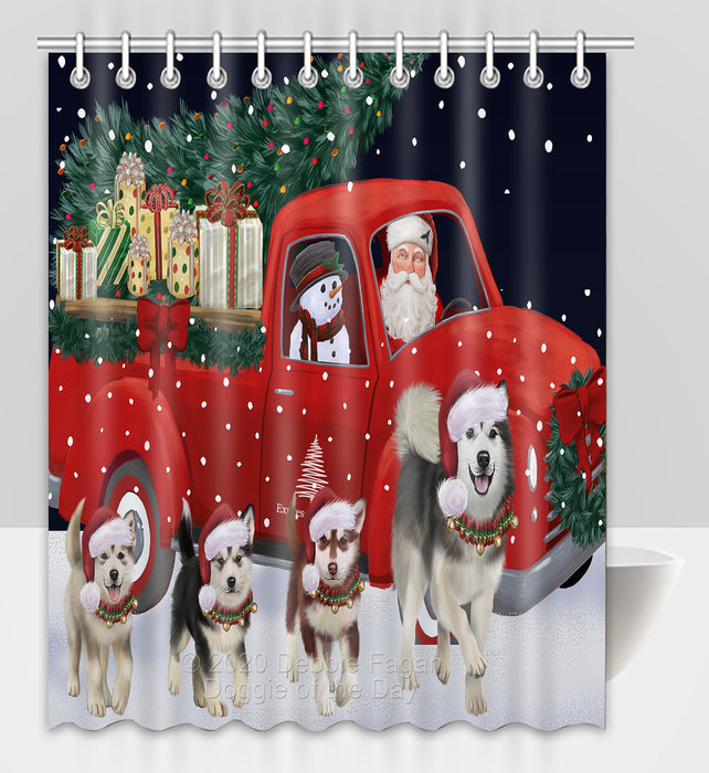 Christmas Express Delivery Red Truck Running Alaskan Malamute Dogs Shower Curtain Bathroom Accessories Decor Bath Tub Screens