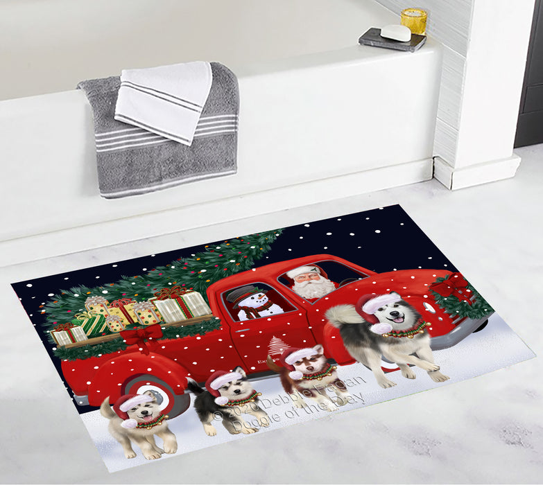 Christmas Express Delivery Red Truck Running Alaskan Malamute Dogs Bath Mat BRUG53410