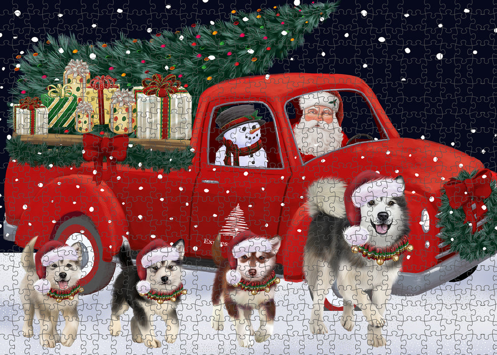 Christmas Express Delivery Red Truck Running Alaskan Malamute Dogs Puzzle with Photo Tin PUZL99572