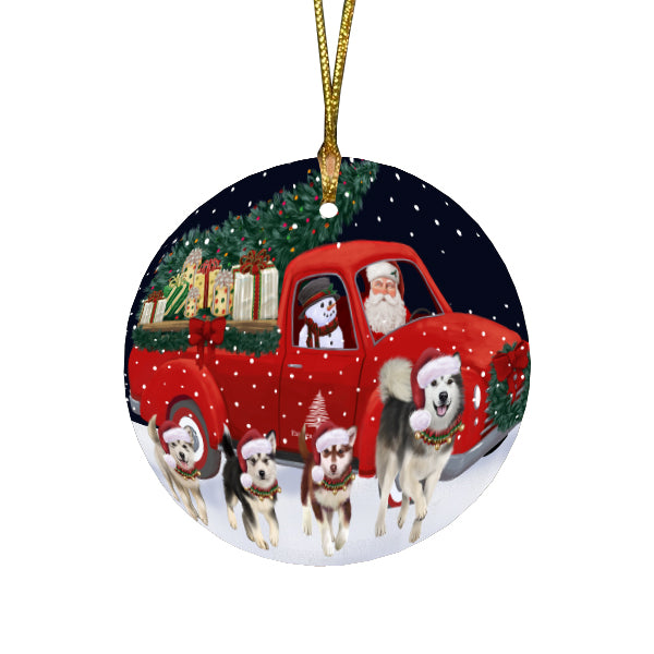 Christmas Express Delivery Red Truck Running Alaskan Malamute Dogs Round Flat Christmas Ornament RFPOR57718