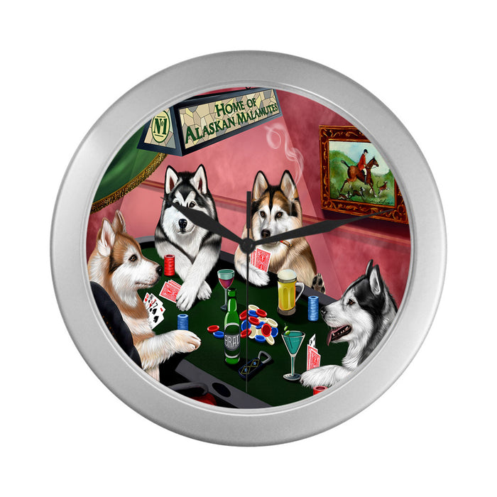 Home of Alaskan Malamute Dogs Playing Poker Silver Wall Clocks