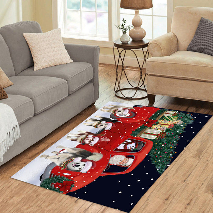 Christmas Express Delivery Red Truck Running Alaskan Malamute Dogs Polyester Area Rug ARUG62687