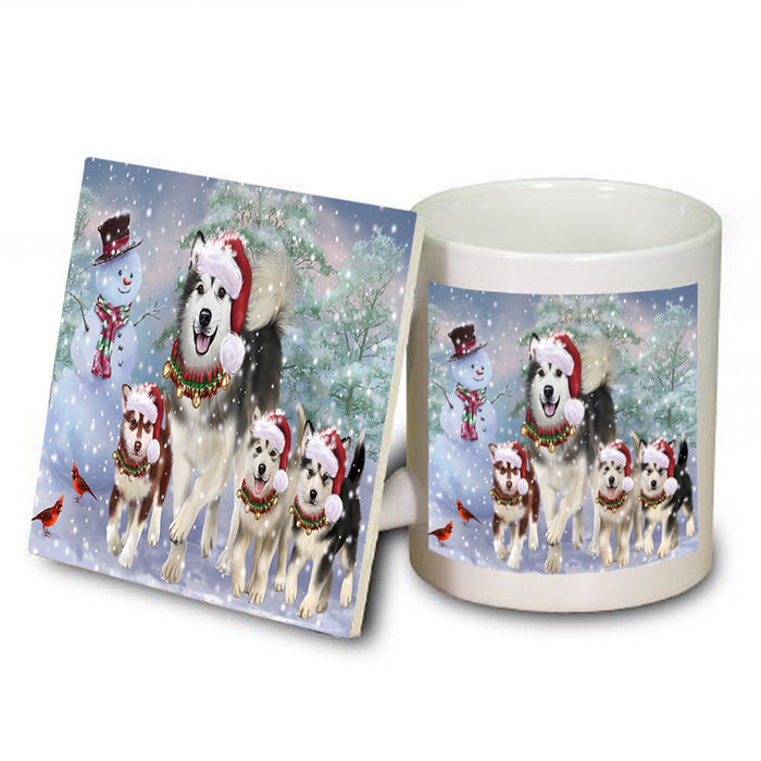 Christmas Running Family Alaskan Malamutes Dog Mug and Coaster Set MUC55452