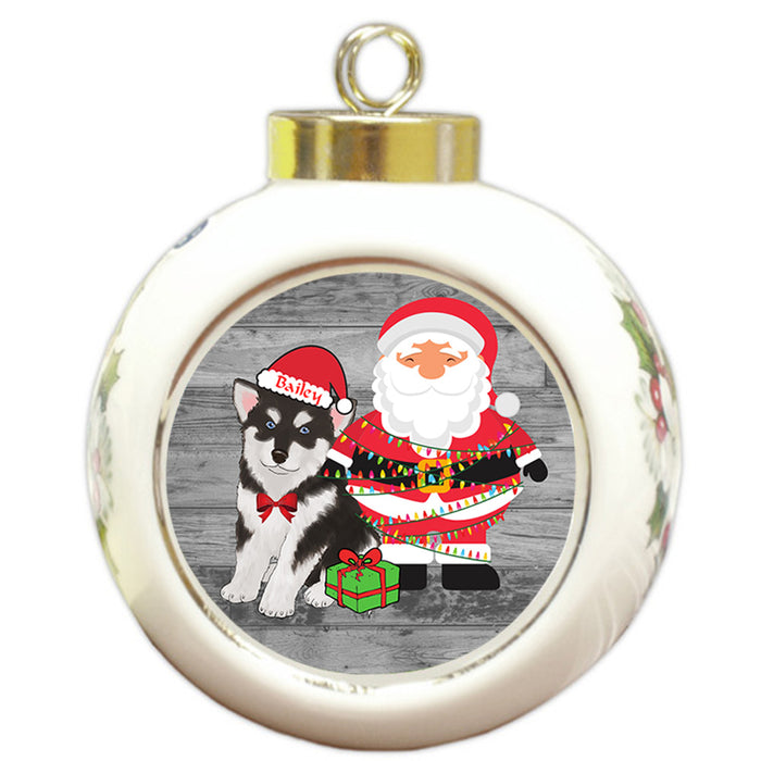 Custom Personalized Alaskan Malamute Dog With Santa Wrapped in Light Christmas Round Ball Ornament