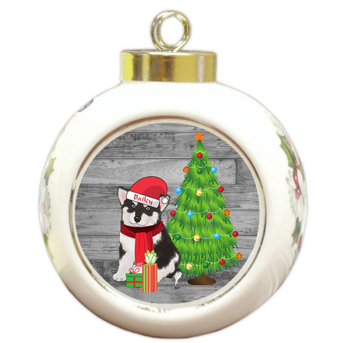 Custom Personalized Alaskan Malamute Dog With Tree and Presents Christmas Round Ball Ornament