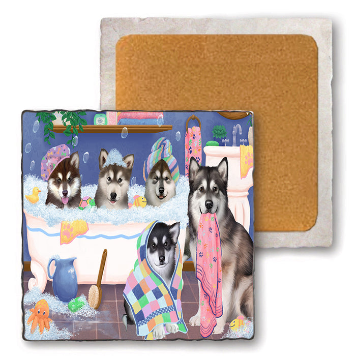 Rub A Dub Dogs In A Tub Alaskan Malamutes Dog Set of 4 Natural Stone Marble Tile Coasters MCST51751