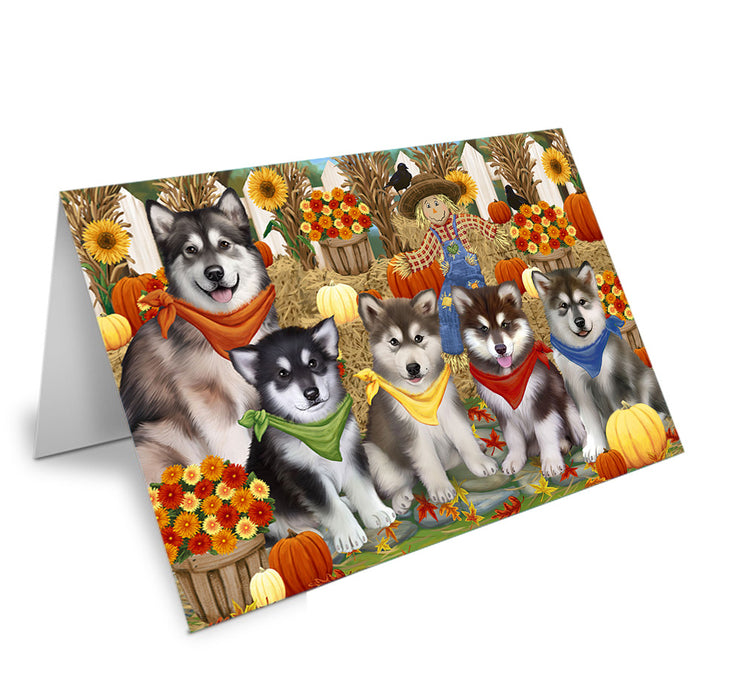 Fall Festive Gathering Alaskan Malamutes with Pumpkins Handmade Artwork Assorted Pets Greeting Cards and Note Cards with Envelopes for All Occasions and Holiday Seasons GCD55874