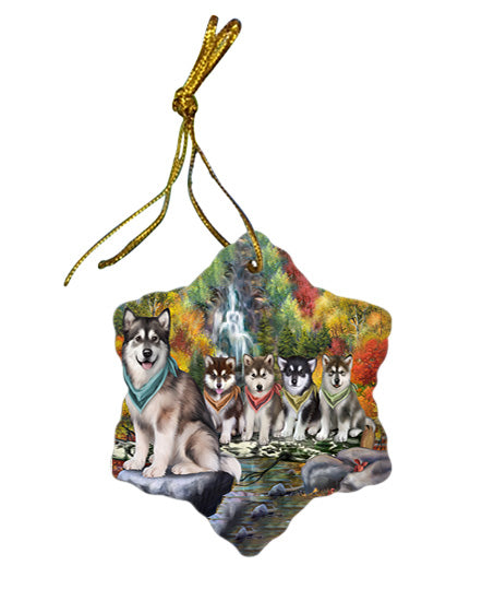 Scenic Waterfall Alaskan Malamutes Dog Star Porcelain Ornament SPOR49656