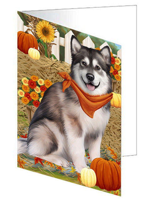 Fall Autumn Greeting Alaskan Malamute Dog with Pumpkins Handmade Artwork Assorted Pets Greeting Cards and Note Cards with Envelopes for All Occasions and Holiday Seasons GCD56006