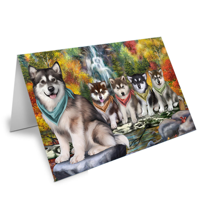 Scenic Waterfall Alaskan Malamutes Dog Handmade Artwork Assorted Pets Greeting Cards and Note Cards with Envelopes for All Occasions and Holiday Seasons GCD53021