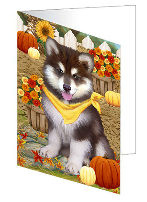 Fall Autumn Greeting Alaskan Malamute Dog with Pumpkins Handmade Artwork Assorted Pets Greeting Cards and Note Cards with Envelopes for All Occasions and Holiday Seasons GCD56009