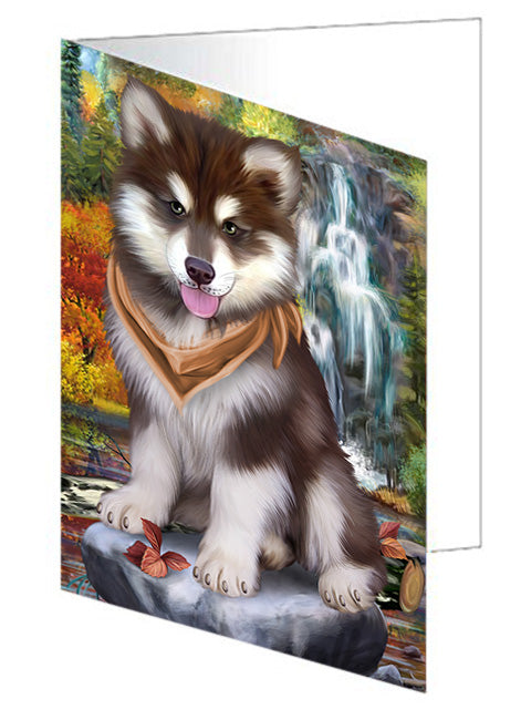 Scenic Waterfall Alaskan Malamute Dog Handmade Artwork Assorted Pets Greeting Cards and Note Cards with Envelopes for All Occasions and Holiday Seasons GCD53024