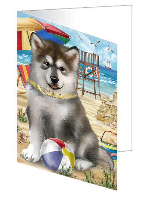 Pet Friendly Beach Alaskan Malamute Dog Handmade Artwork Assorted Pets Greeting Cards and Note Cards with Envelopes for All Occasions and Holiday Seasons GCD53885