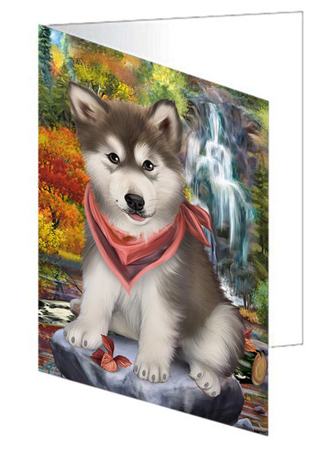 Scenic Waterfall Alaskan Malamute Dog Handmade Artwork Assorted Pets Greeting Cards and Note Cards with Envelopes for All Occasions and Holiday Seasons GCD53027