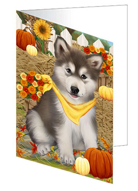Fall Autumn Greeting Alaskan Malamute Dog with Pumpkins Handmade Artwork Assorted Pets Greeting Cards and Note Cards with Envelopes for All Occasions and Holiday Seasons GCD56012
