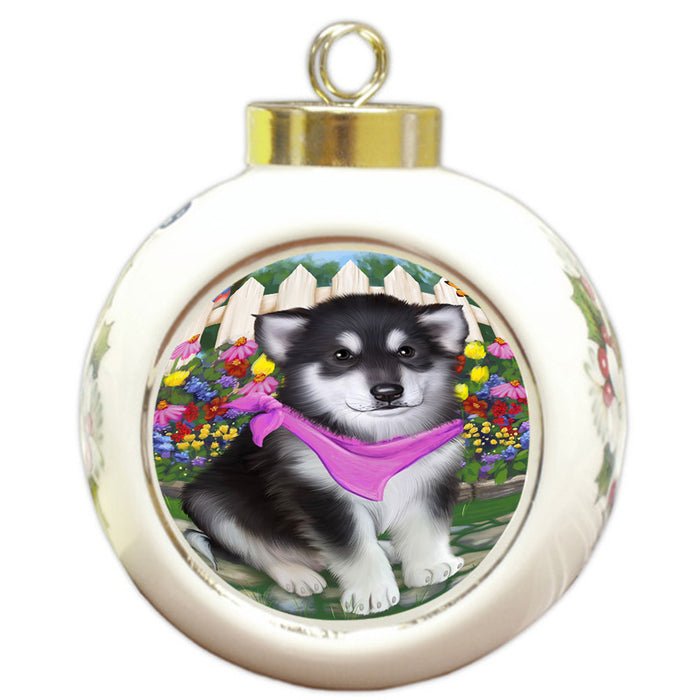 Spring Floral Alaskan Malamute Dog Round Ball Christmas Ornament RBPOR49756