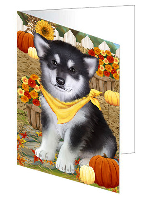 Fall Autumn Greeting Alaskan Malamute Dog with Pumpkins Handmade Artwork Assorted Pets Greeting Cards and Note Cards with Envelopes for All Occasions and Holiday Seasons GCD56015