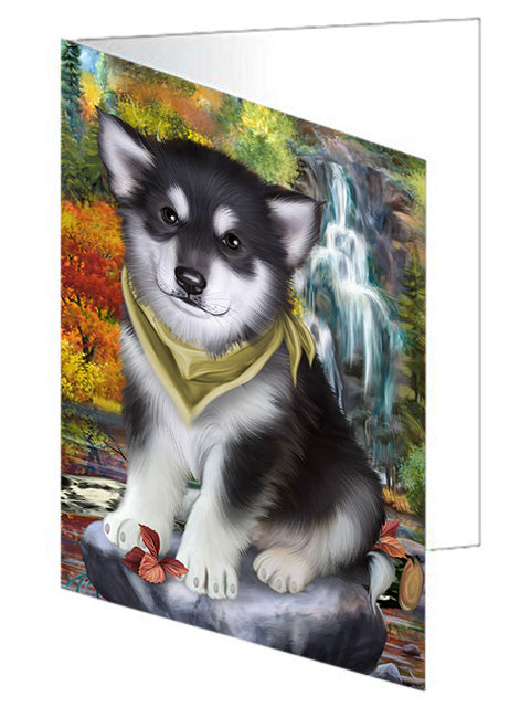 Scenic Waterfall Alaskan Malamute Dog Handmade Artwork Assorted Pets Greeting Cards and Note Cards with Envelopes for All Occasions and Holiday Seasons GCD53030