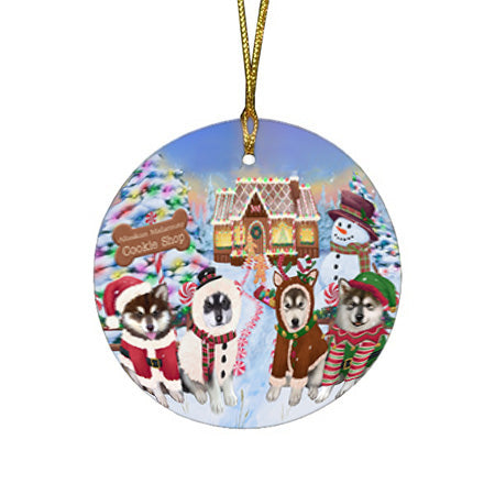 Holiday Gingerbread Cookie Shop Alaskan Malamutes Dog Round Flat Christmas Ornament RFPOR56449