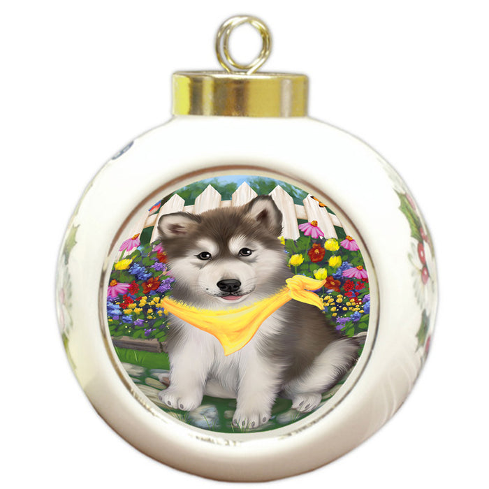 Spring Floral Alaskan Malamute Dog Round Ball Christmas Ornament RBPOR49757