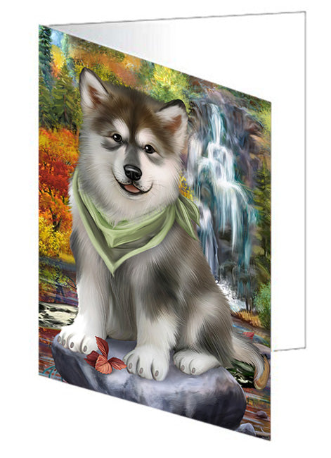 Scenic Waterfall Alaskan Malamute Dog Handmade Artwork Assorted Pets Greeting Cards and Note Cards with Envelopes for All Occasions and Holiday Seasons GCD53033