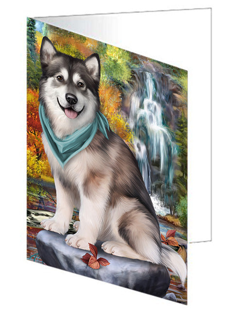 Scenic Waterfall Alaskan Malamute Dog Handmade Artwork Assorted Pets Greeting Cards and Note Cards with Envelopes for All Occasions and Holiday Seasons GCD53036