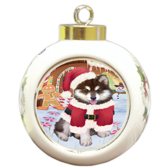 Christmas Gingerbread House Candyfest Alaskan Malamute Dog Round Ball Christmas Ornament RBPOR56485