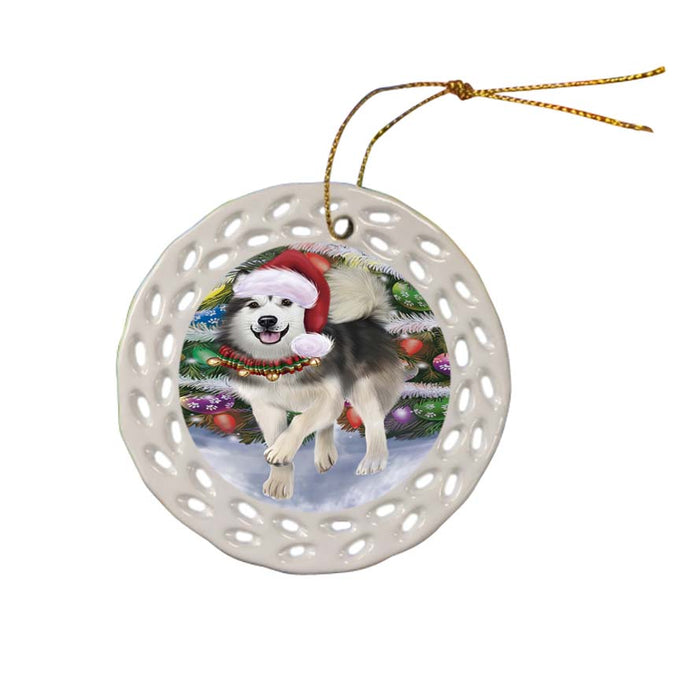 Trotting in the Snow Alaskan Malamute Dog Ceramic Doily Ornament DPOR55760