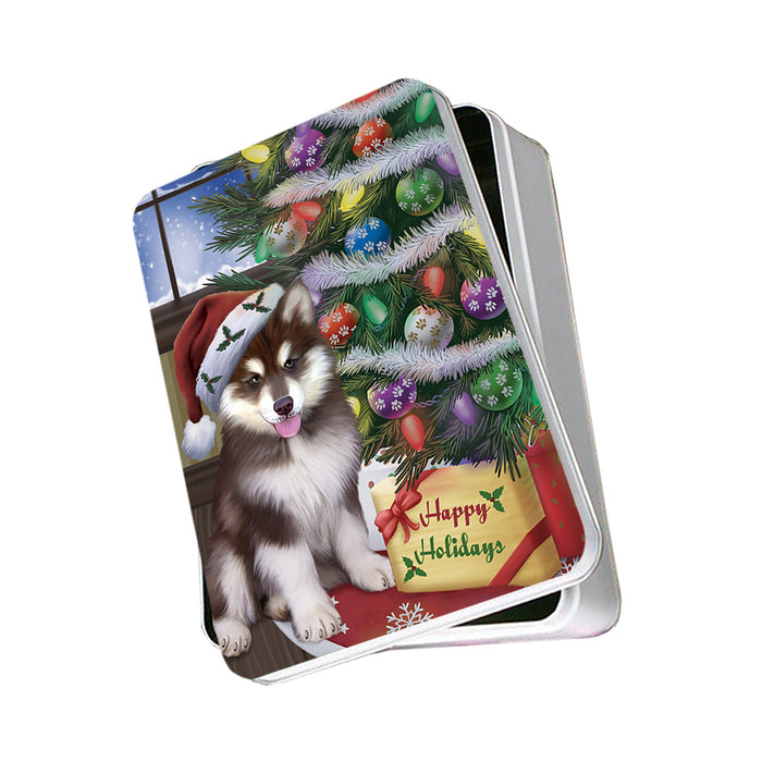 Christmas Happy Holidays Alaskan Malamute Dog with Tree and Presents Photo Storage Tin PITN53741
