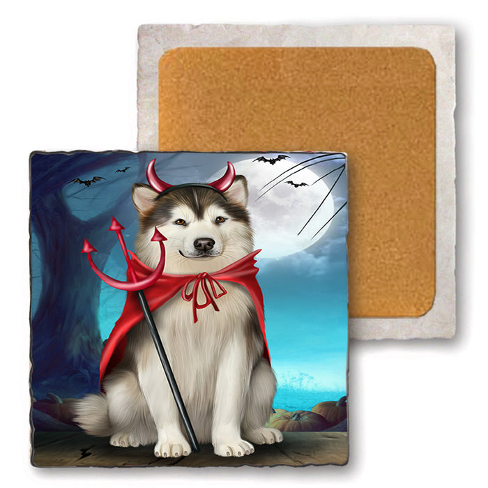Happy Halloween Trick or Treat Alaskan Malamute Dog Set of 4 Natural Stone Marble Tile Coasters MCST49492