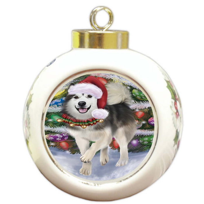 Trotting in the Snow Alaskan Malamute Dog Round Ball Christmas Ornament RBPOR55760
