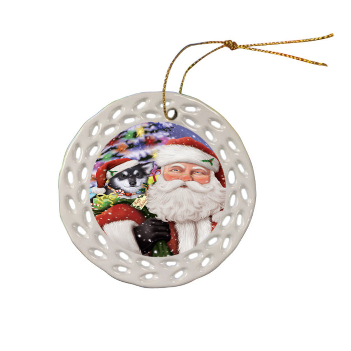 Santa Carrying Alaskan Malamute Dog and Christmas Presents Ceramic Doily Ornament DPOR53957