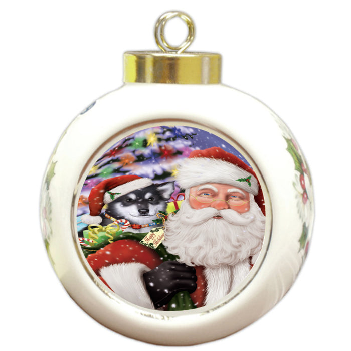 Santa Carrying Alaskan Malamute Dog and Christmas Presents Round Ball Christmas Ornament RBPOR53957