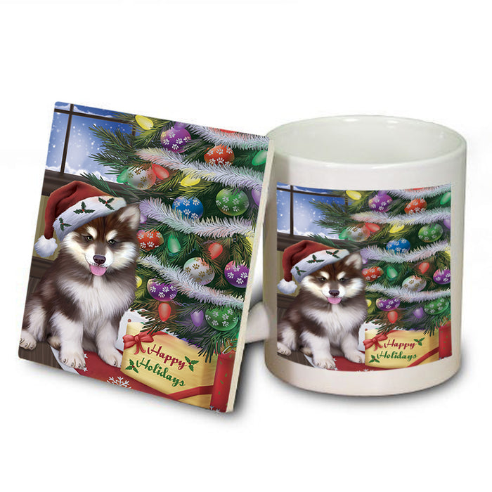 Christmas Happy Holidays Alaskan Malamute Dog with Tree and Presents Mug and Coaster Set MUC53790