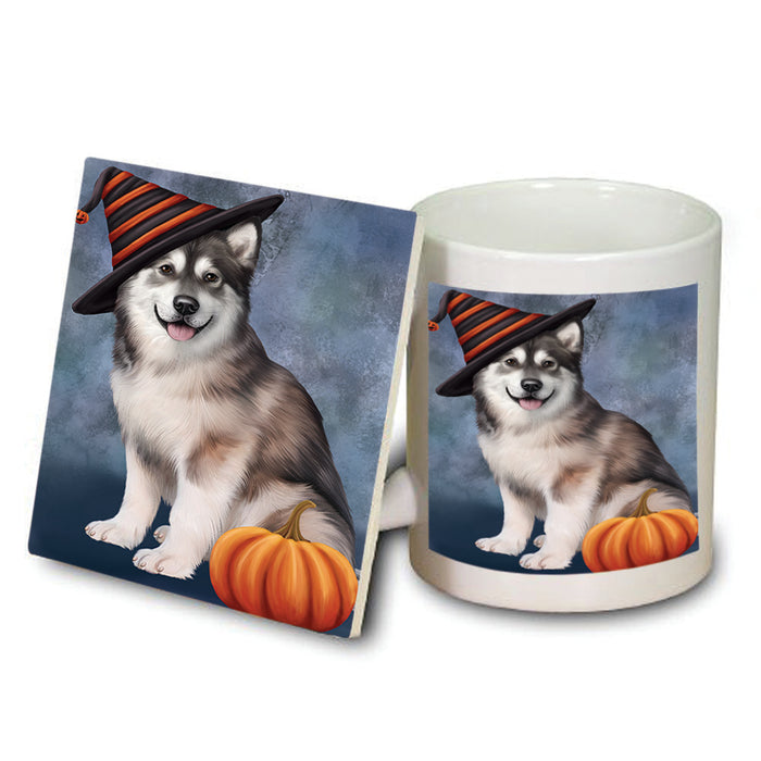 Happy Halloween Alaskan Malamute Dog Wearing Witch Hat with Pumpkin Mug and Coaster Set MUC54905