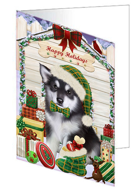 Happy Holidays Christmas Alaskan Malamute Dog House with Presents Handmade Artwork Assorted Pets Greeting Cards and Note Cards with Envelopes for All Occasions and Holiday Seasons GCD57929